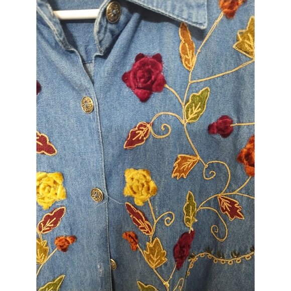 VTG 90s Casual Corner Embroidered Floral Lng Slv Button Up Denim Shirt S Cottage - Picture 2 of 6